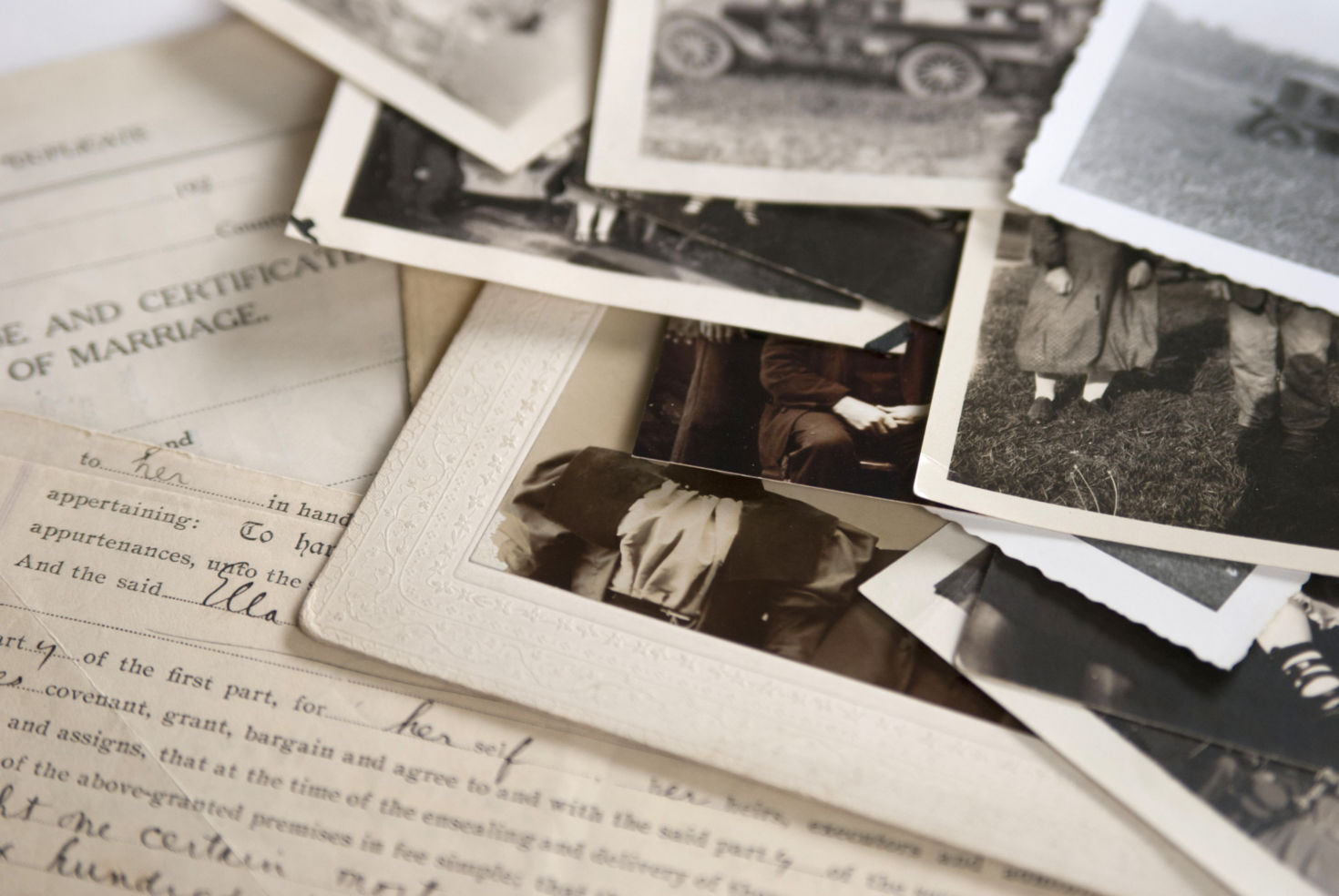 Genealogy family history theme with old family photos and documents