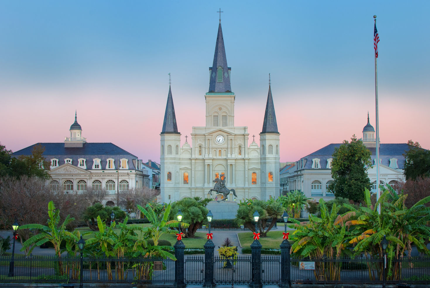 The sun rose upon Jackson Square in New Orleans, LA while the city was dressed up for the holidays.