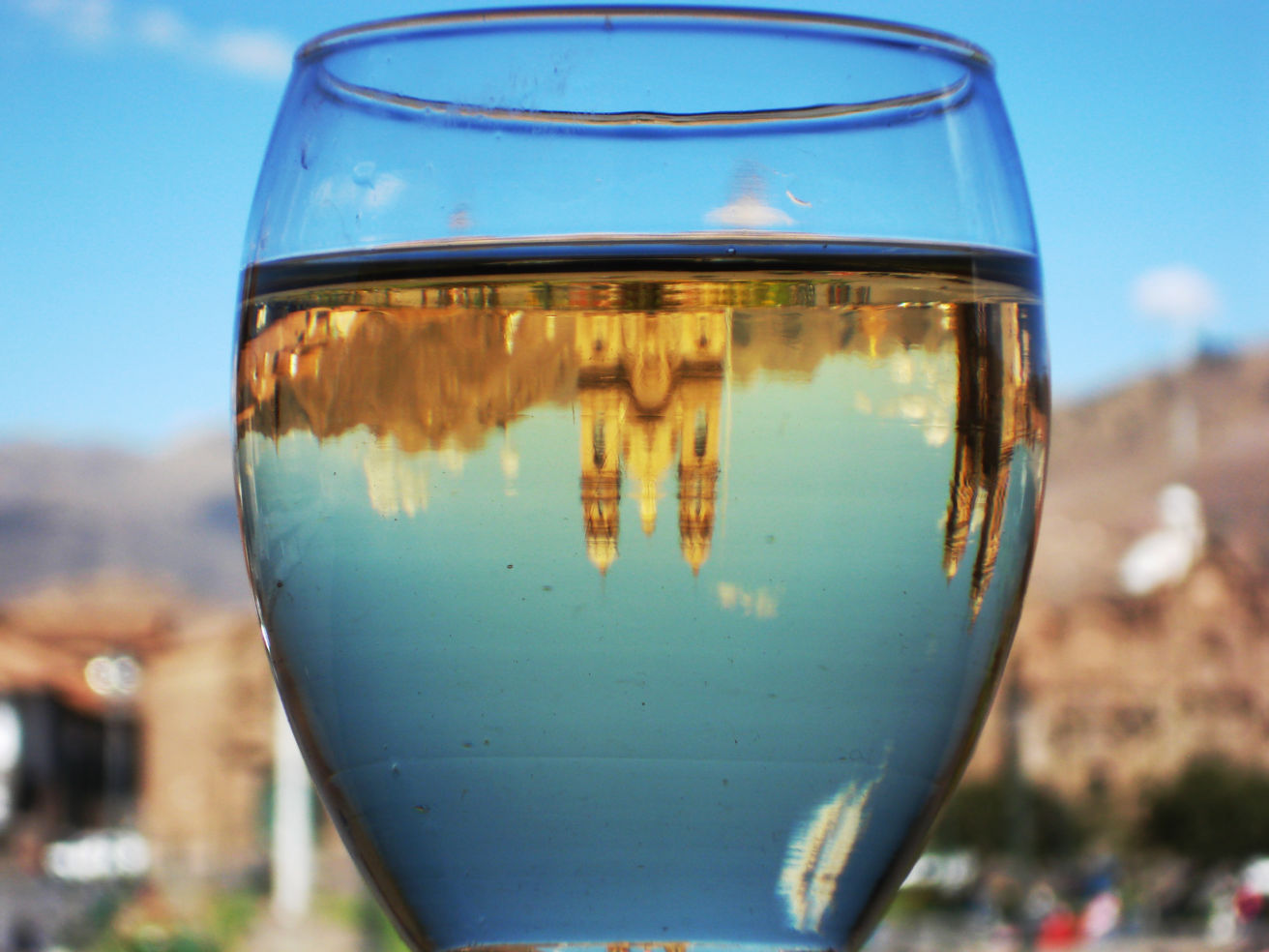 A reflection of Cusco's Plaza de Armas in Peru