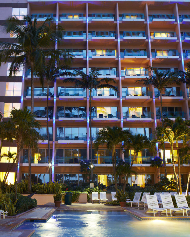 The pool at the San Juan Marriott beckons after sunset.