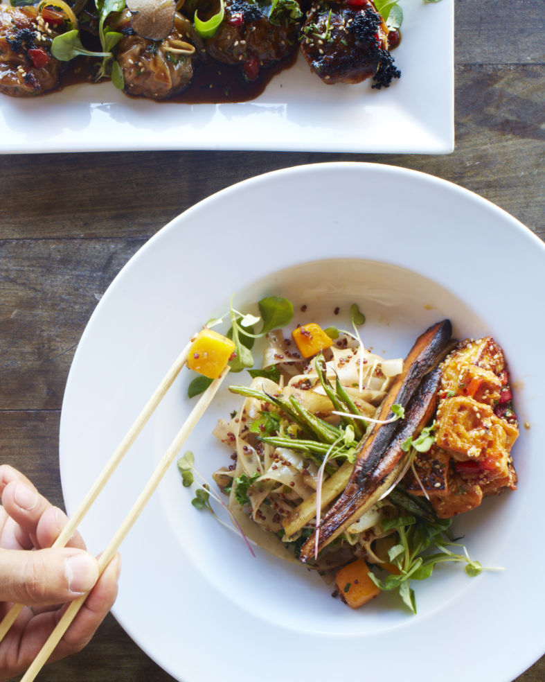 Vegetarian rice noodles and pork dumplings at Budatai in San Juan, Puerto Rico.