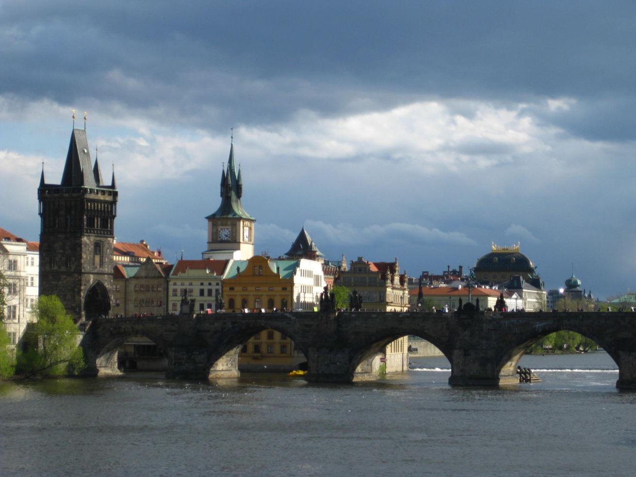 Prague's Charles Bridge under a cloudy sky.