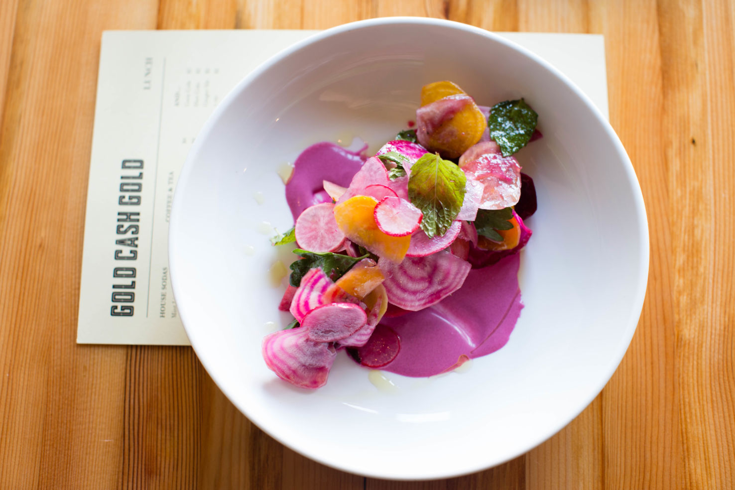 A beet trio salad made of chioga beets and Detroit red beets.