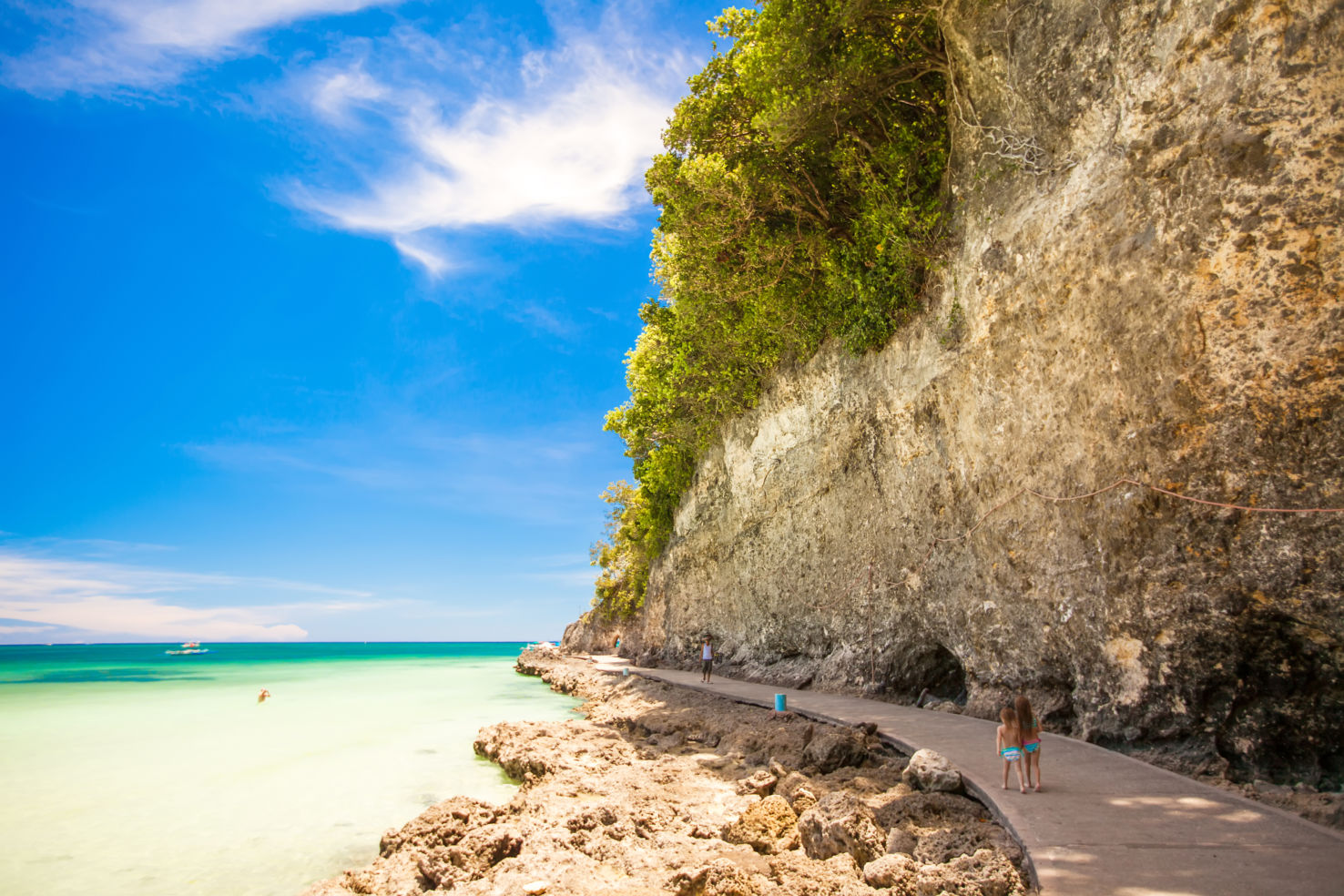 Exotic stunning sea views on the island of Boracay. Waves crash on the beach in Shark's Cove in Lanai.