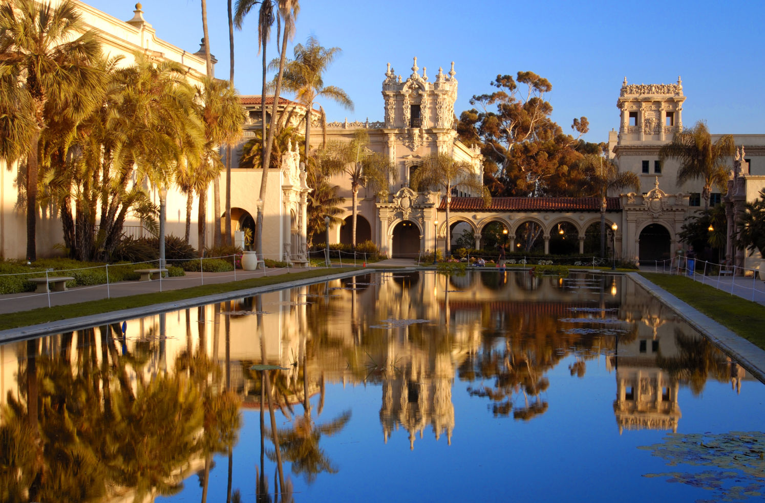 The Lily pond, reflecting the casa de Balboa and House of Hospitality at Balboa Park, San Diego