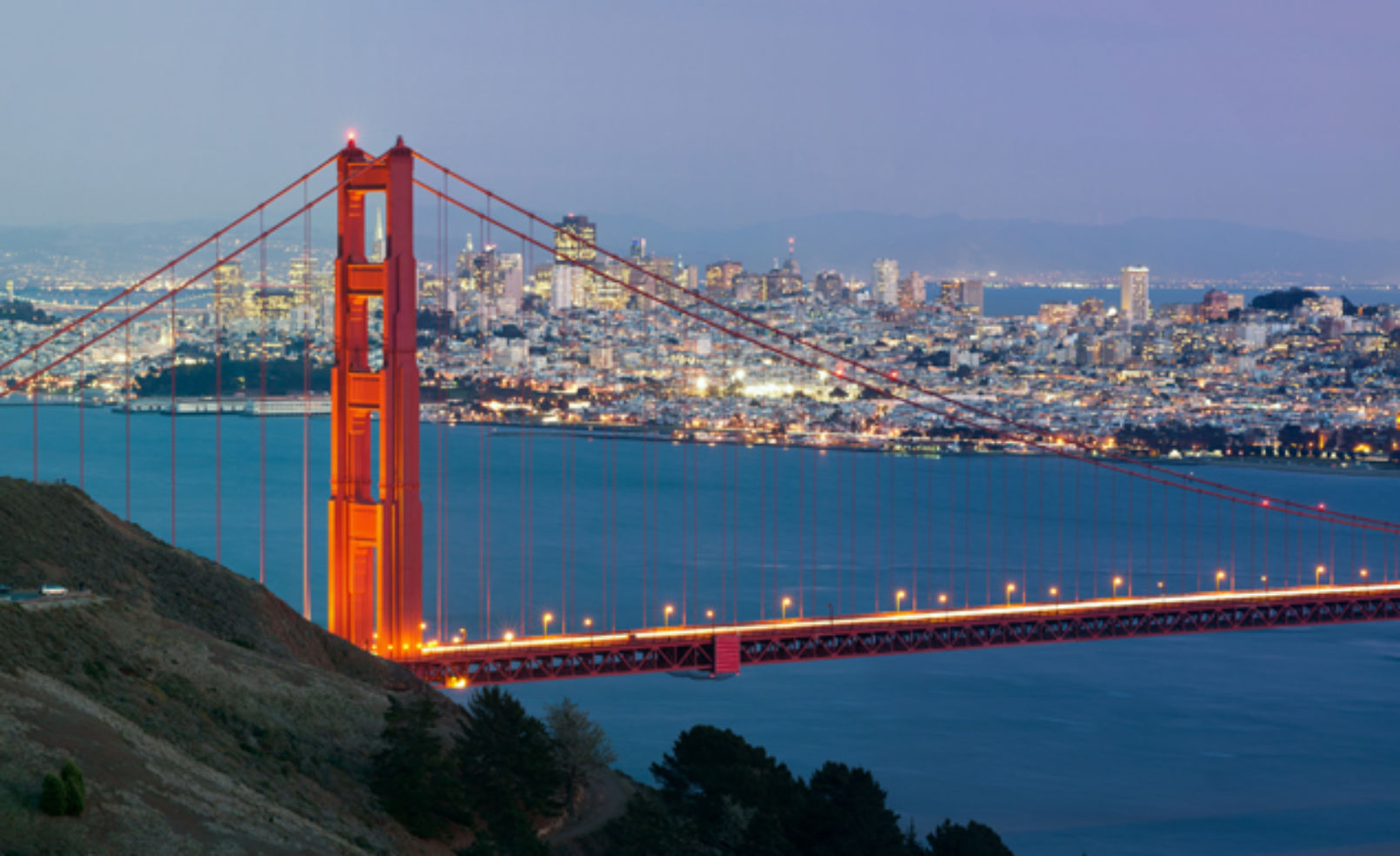 Golden Gate Bridge with San Francisco skyline in the background.