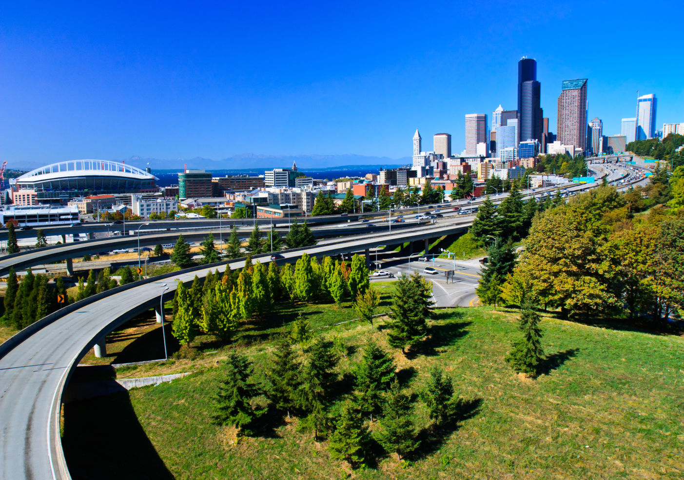 Downtown Seattle city skyline with interstate freeway I-5 in the foreground
