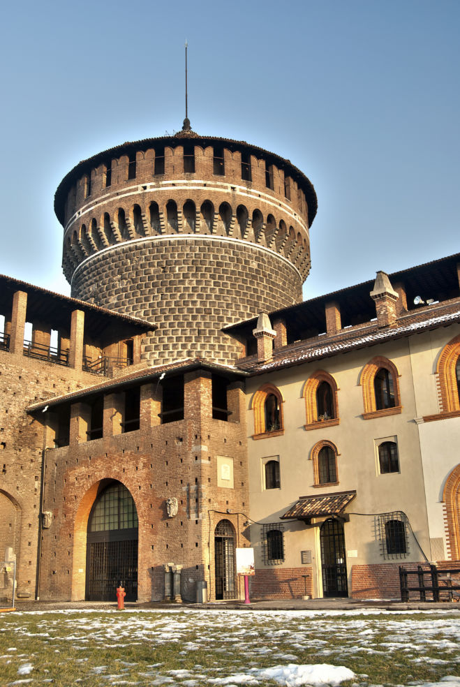 Round tower from the interior of Sforzesco castle of Milan, Italy