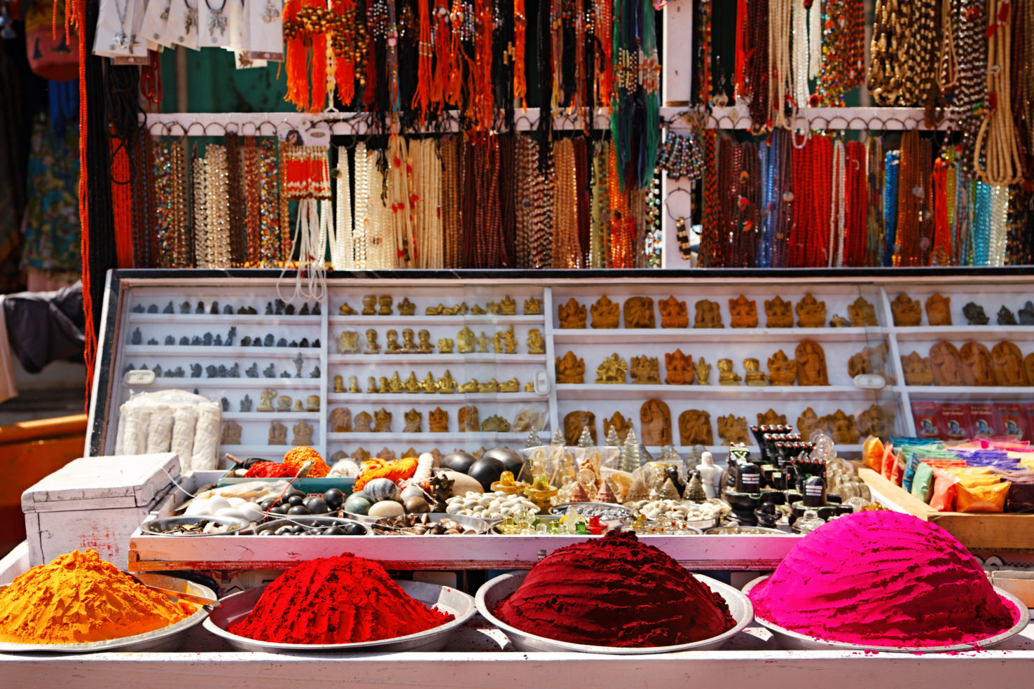 Hampi, India. Flea market shop with a lot of handmade goods