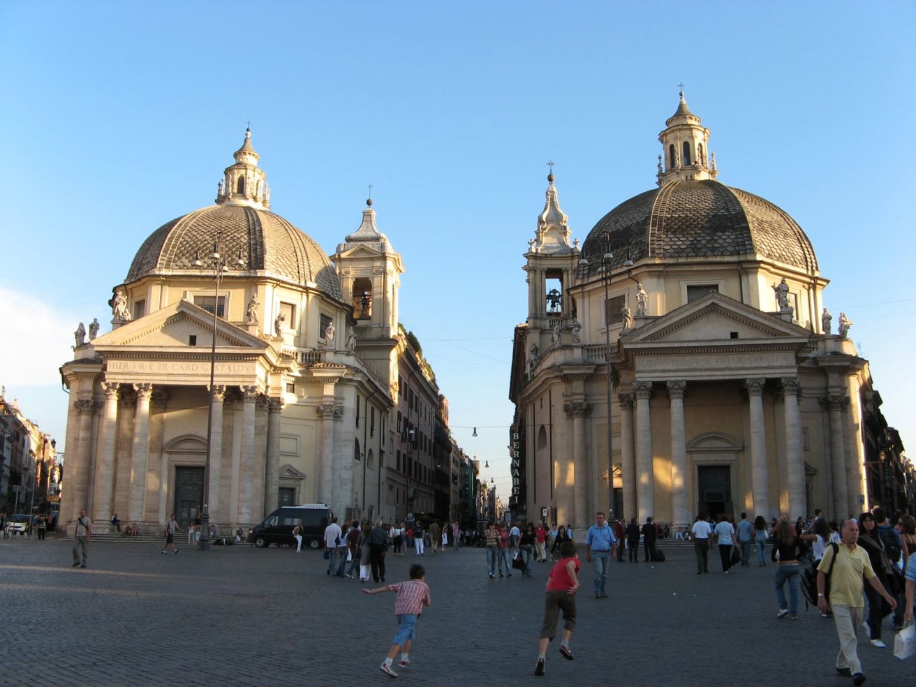 Twin churches at the far end of Piazza del Popolo, Rome