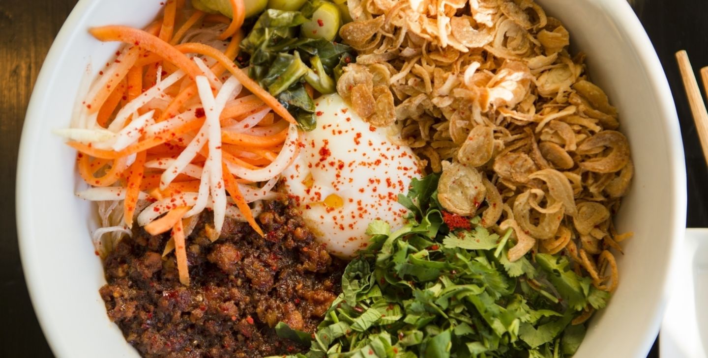 Noodles in a white bowl