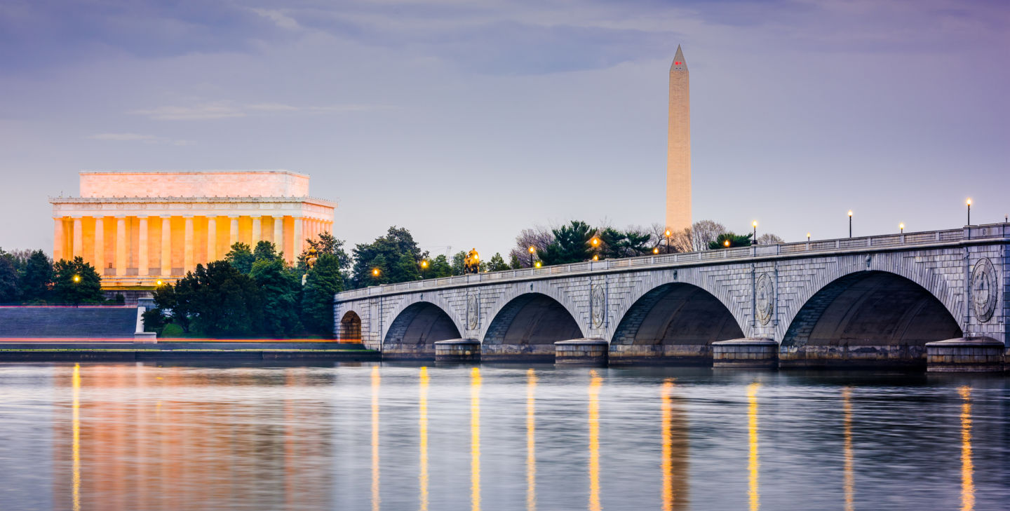 Washington DC, skyline, Potomac River, Lincoln Memorial, Washington Memorial, Arlington Memorial Bridge